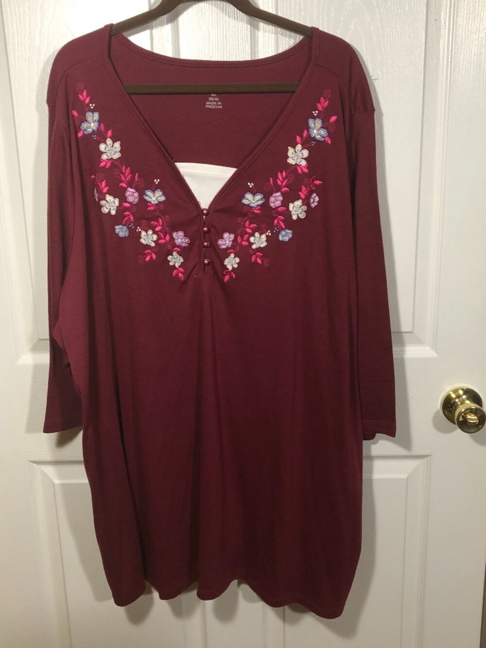 Woman within purple  embroidered long TS, NWT, 3/4 sleeves, boat neck, 5X